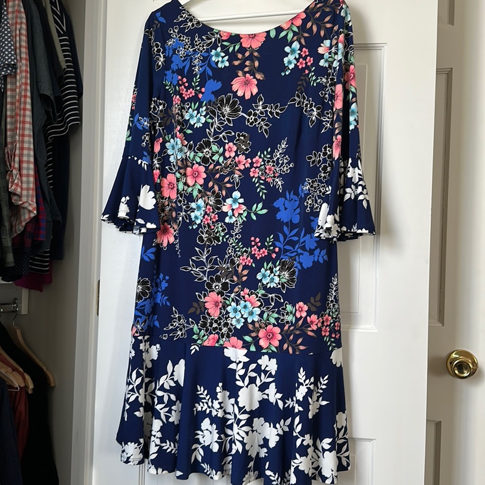 Eliza J floral dress with bell sleeves, U shaped back and exposed zipper